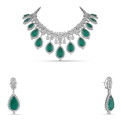 Afroza - Cubic Zirconia Emerald Green Tear Drop Necklace Set-Red
