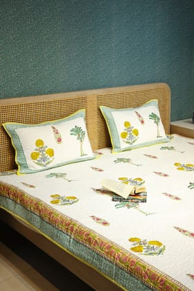 Handblock Printed Quilted Paani Jaal Bedcover with 2 Pillow Covers-Handblock / Double King (90X108 Inches)