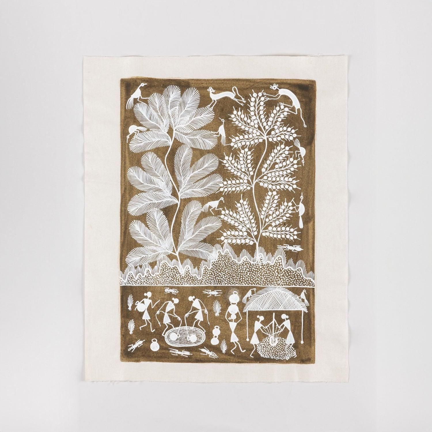 Eyaas Warli Painting of Tree of Life with Trees on Cotton Cloth Unframed