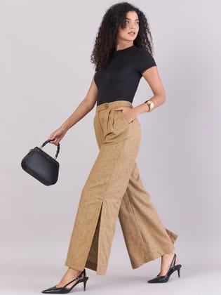 High-Waisted Fold Pleated Slit Hem Wide Leg Trouser-XS