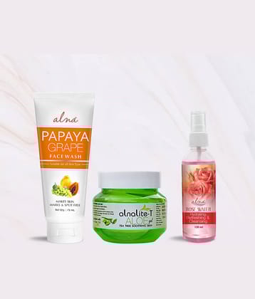 Alna Papaya Grape Face Wash75ml with Alnalite-T Aloe Gel 100gm & Rose Water 100ml , Pack of 3