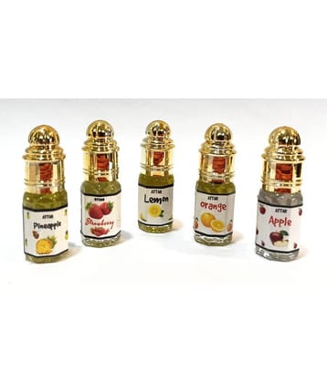 INDRA SUGANDH BHANDAR Attar Pineapple Strawberry Lemon Orange Apple 3ml x 5 pc. Combo - Fruity Sweet and Exotic Perfume Range Attar Combo For Men|Women