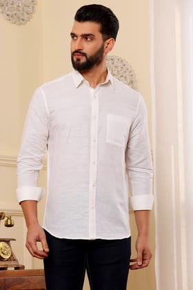 Cream White Pure Linen Shirt (Size - S) by BLUE EAGLE
