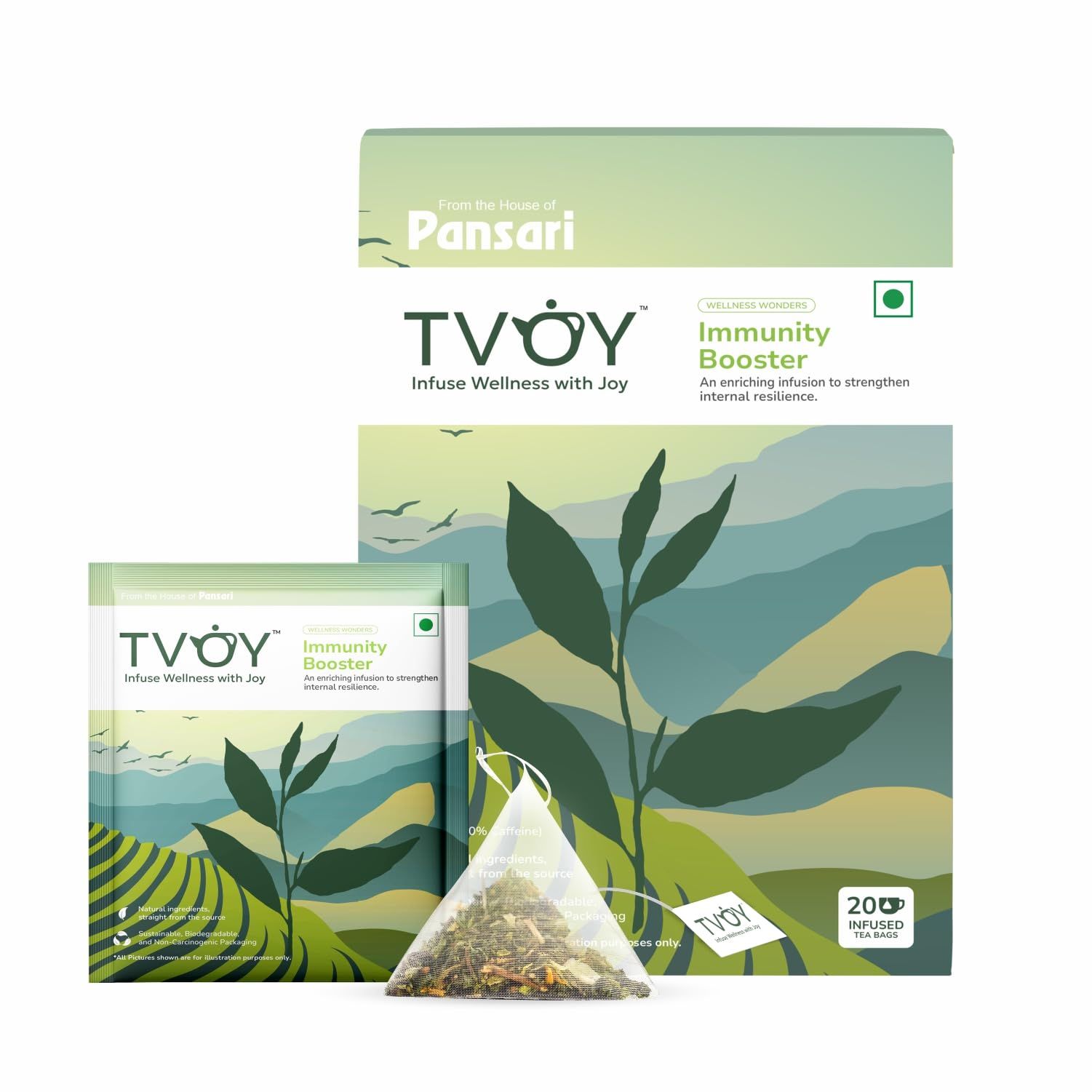 TVOY Immunity Booster Green Tea Bags | Biodegradable Pyramid Tea Bags (Non-Carcinogenic) | 20 Herbal Immunity Booster Tea Bags for Enhanced Immunity and Wellness