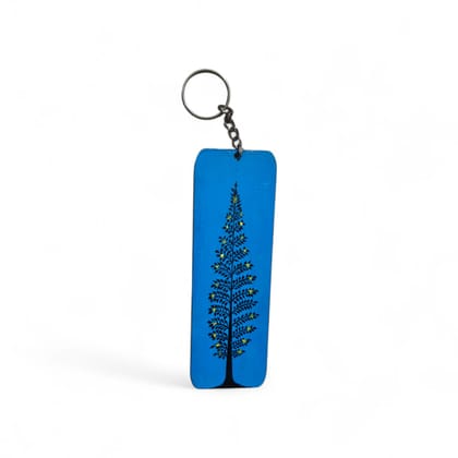 Pallabi Hastakala Hand-Painted Wooden Keychain (1 Unit) | Blue Background with Black Tree & Yellow Leaves | Artistic Keyring | Eco-Friendly
