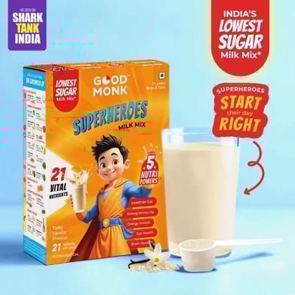Good Monk Superheroes Milk Mix (Vanilla): Improves Energy, Immunity, Brain, Eye & Gut Health-21 Serves