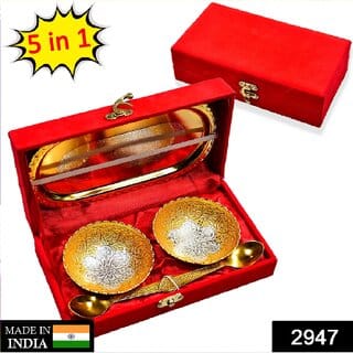 BIYANKA Gold Silver Plated 2 Bowl 2 Spoon Tray Set Brass with Red Velvet Gift Box Serving Dry Fruits Desserts Gift