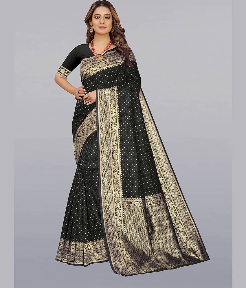 Gazal Fashions Banarasi Silk Printed Saree With Unstitched Blouse Piece ( Black )
