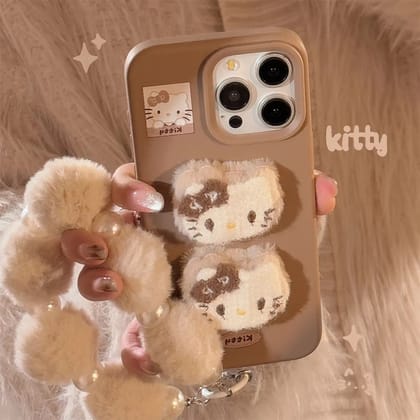 3D Hello Kitty Cartoon Brown Plush Fabric iPhone Case With Fur Pearl Lanyard-iPhone 16 Pro