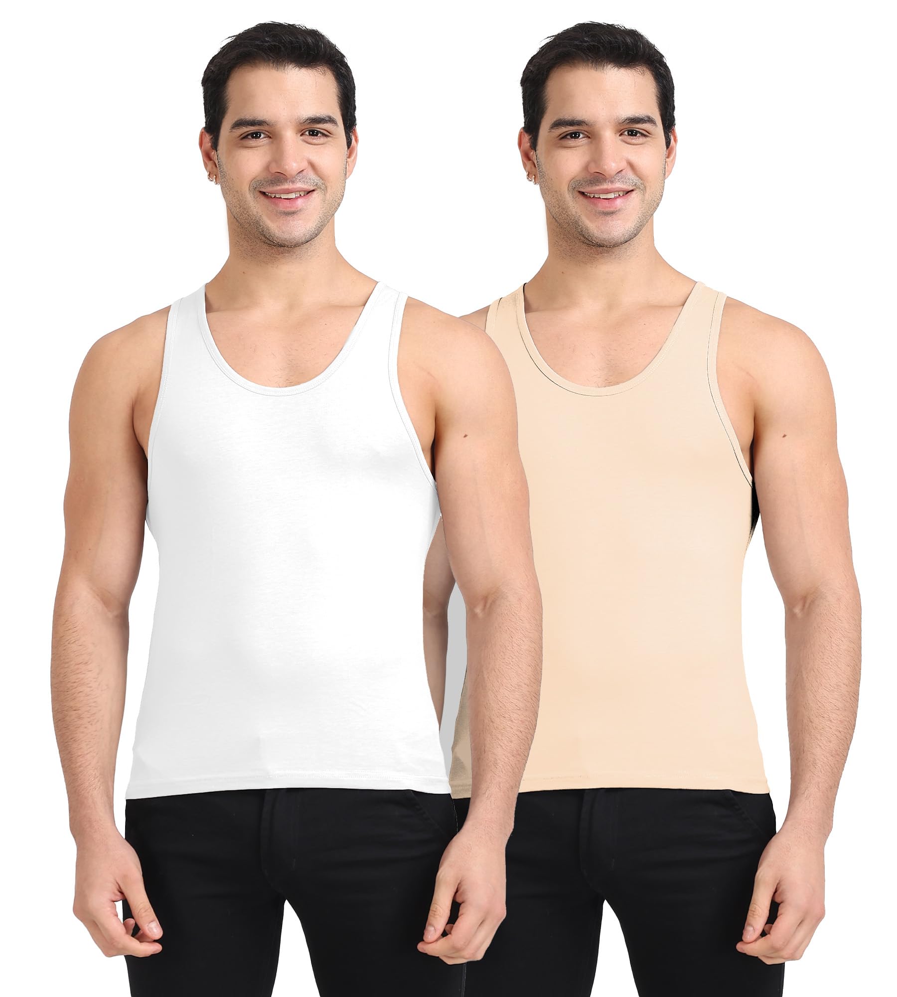 Freecultr Cotton Vest for Men Sleeveless Lightweight Solid Round Neck Comfort Vests Breathable & Comfortable Innerwear Sando for Man Regular Fit  Pack of 2-Light Coral,White