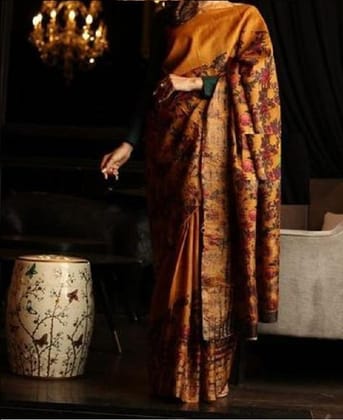 Linen Multi Color Designer Digital Print Sari 1005