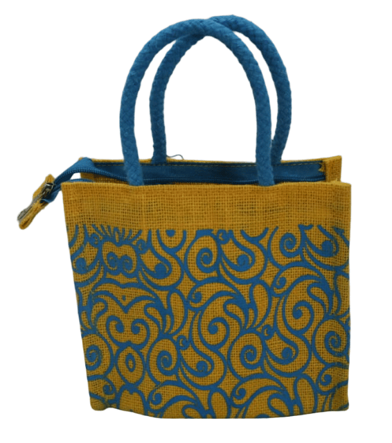 Stylish Jute Tote Bag with Blue Pattern - Eco-Friendly & Durable