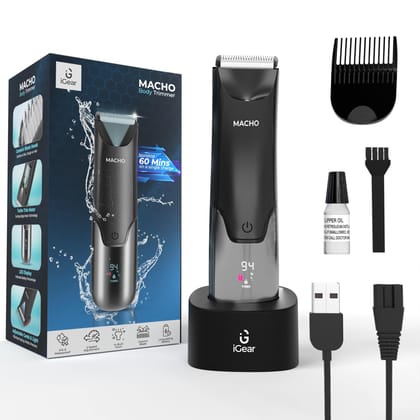 iGear Body Trimmer for Men with Ceramic Blade & Skin Safe Tech | Waterproof, Rechargeable Trimmer for Private Part, Pubic & Balls | 60 Min Run Time | Charging Dock, Torch, Comb, Oil & Cleaning Brush Black / Small