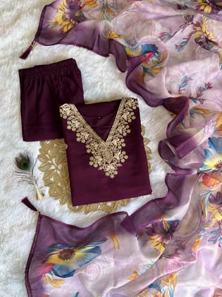 New Function Wear Wine Color Roman Silk Embroidery n Sequence Work Designer Straight Kurta With Trouser n Dupatta Set-S