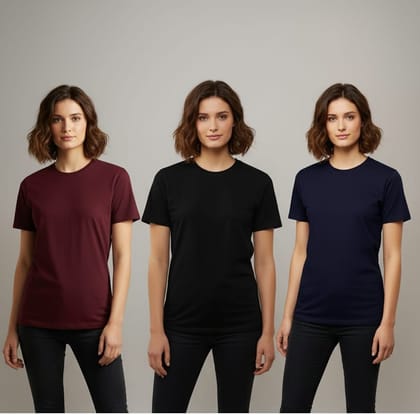 WOMEN SOLID ROUND NECK PURE  COTTON T SHIRT  NAVY/BLACK/MAROON COMBO