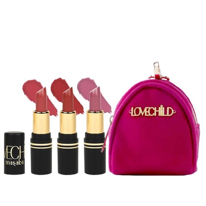LoveChild Masaba Pocket Mini Lipstick Gift Set, Pack of 3 with FREE Pouch, Hydrating & Long-Lasting Matte Finish, 1.5g Each, Shades for All Skin Tones, Compact & Travel-Friendly Gift Pack, Combo D LoveChild Masaba Pocket Mini Lipstick Gift Set, Pack of 3