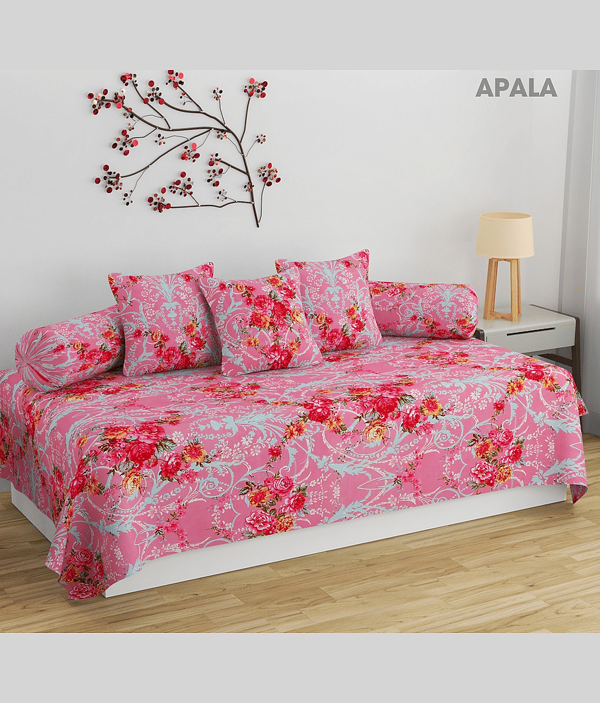 Apala Cotton Floral Diwan Set 6 Pcs - Pink