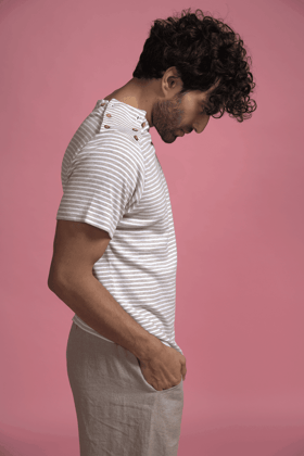 DOUBLE SHOULDER PLACKET POLO-XS / Oatmeal/White