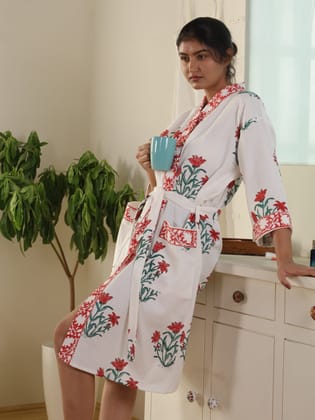 Waffle Cotton Handblock Printed Unisex Bathrobe - Free Size