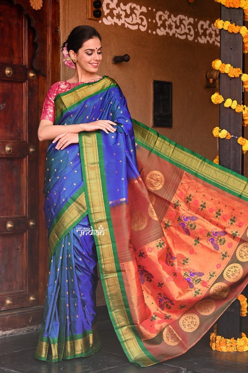 Rajsi~ Pure Silk Handloom Maharani Paithani - Dual Tone Blue Green (available in big floral buttis)