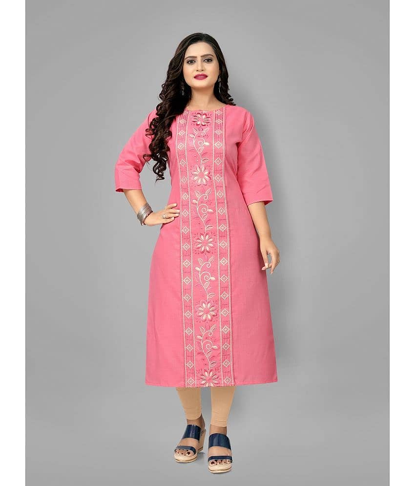 RIAANA - Pink Cotton Blend Women's Straight Kurti ( Pack of 1 )