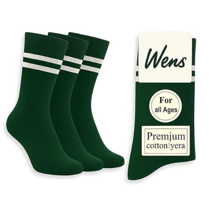 Wens Strips School Socks for Girls, Boys, Kids & Men of All Ages (Pack of 3) | Heavy Elastic, Streachable & Comfortable Fit | Calf Length Uniform Socks | Anti Odour | Unisex  Bottle Green with WHITE Stripes