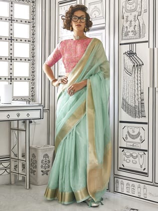 Fern Green Chiffon Fabric With Weaving Zari Work Soft Saree