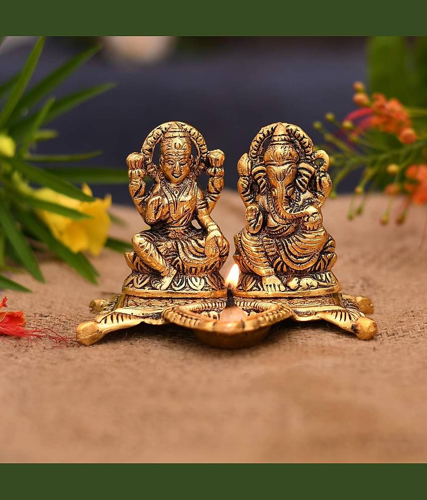 Metal Gold Plated Laxmi Ganesh Chowki Diya God Idol (Gold, 15X10X12 cm)
