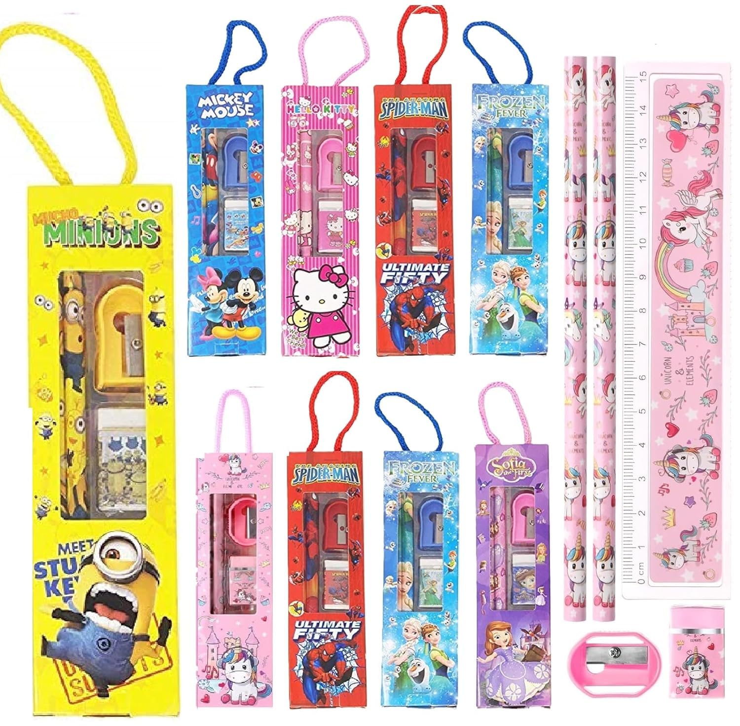 Kids Stationery Set Return Gift Combo 12 Pieces With Pencil Scale Eraser And Sharpener For Boys And Girls Assorted Cartoon Design