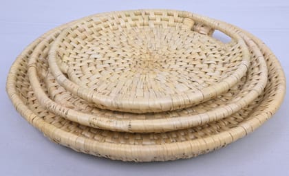 Handwoven Wheatgrass Round Tray Set with Handles (Set of 3)
