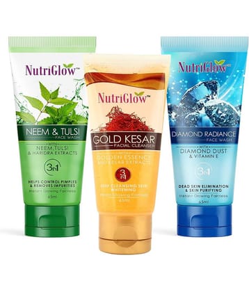 Nutriglow Neem & Tulsi, Gold Kesar Facial cleanser, Diamond Radiance Face Wash Each 65mL (Pack of 3)