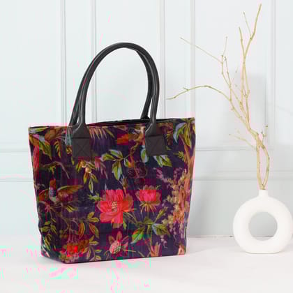 Birds of Paradise Velvet Hand Bag- Navy Blue