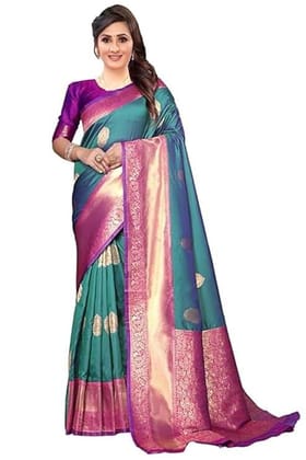 Indian Silk Palace Women's Pure Original Kanchipuram Kanjivaram Silk Zari Thread Weaving All Over Saree