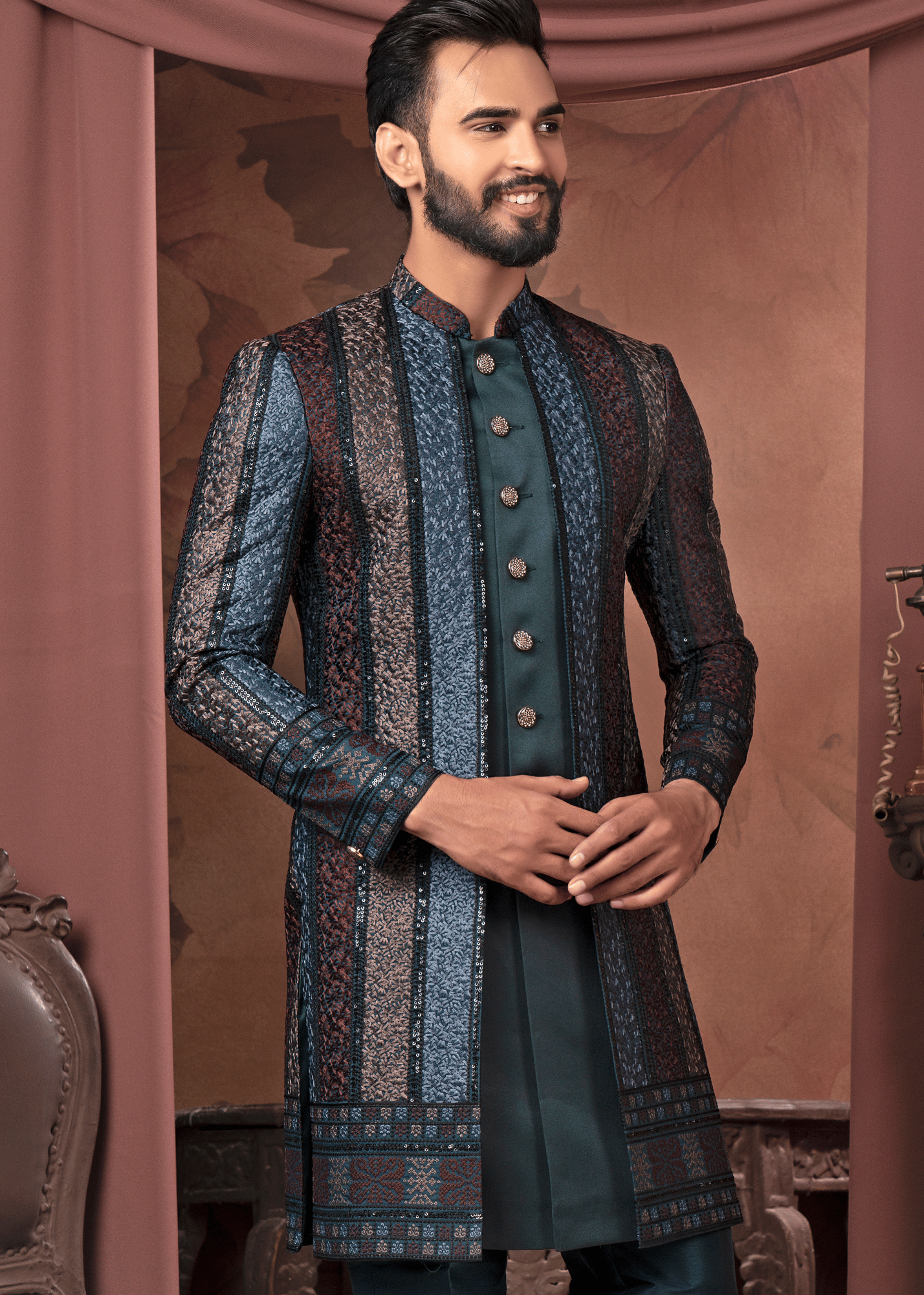 Multi Layered Thread Embroidered Open indowestern Set