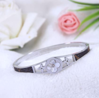 Stainless Steel Silver Plated Clover Design Fancy Kada- STKD