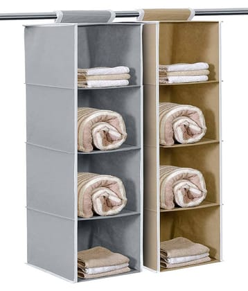 4 Shelf Closet Hanging Organizer,Wardrobe Organizer Clothes Storage Hanger for Family Closet Bedroom, Foldable and Universal Fit (Beige / Grey) Pack Of 2