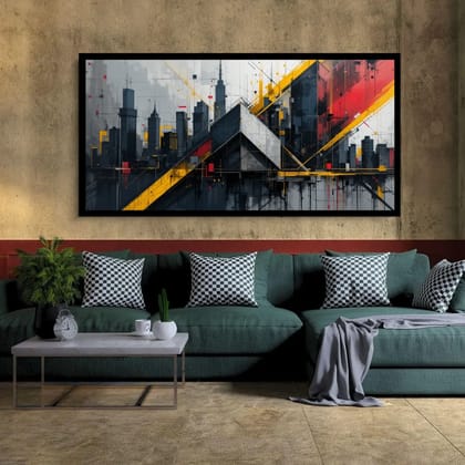Luminary Urban Momentum – Geometric Metropolis Pulse Museum-Quality Cotton Canvas Art for Contemporary Living Room Décor | Frame Size (127 X 69 Cm) | Frame Type (Black) | 5-Year Warranty