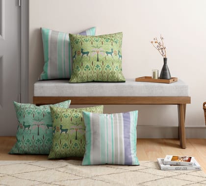 India Circus Geometrical Deer'S - Blended Velvet Cushion Cover Set Of 5 - 12 X 12 Inch