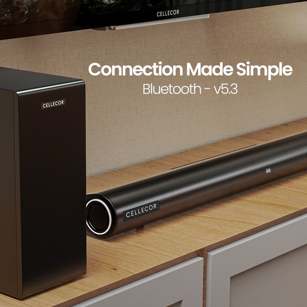 CELLECOR CBS-01 TUNEBAR 2.1 Channel Soundbar with 160W RMS Output, 80W Subwoofer, Bluetooth 5.3 & Matte Black Metal Grill - Black