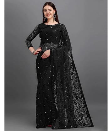 VANRAJ CREATION Brasso Self Design Saree With Unstitched Blouse Piece ( Black )