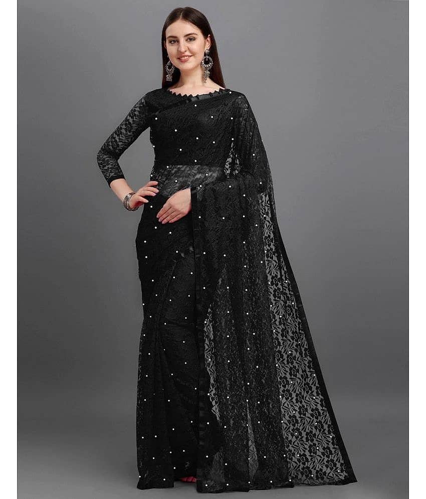 VANRAJ CREATION Brasso Self Design Saree With Unstitched Blouse Piece ( Black )
