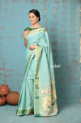 Tyohaar ~ Handloom Pure Cotton Paithani With Revival Asawali Pallu ~ Sea Blue