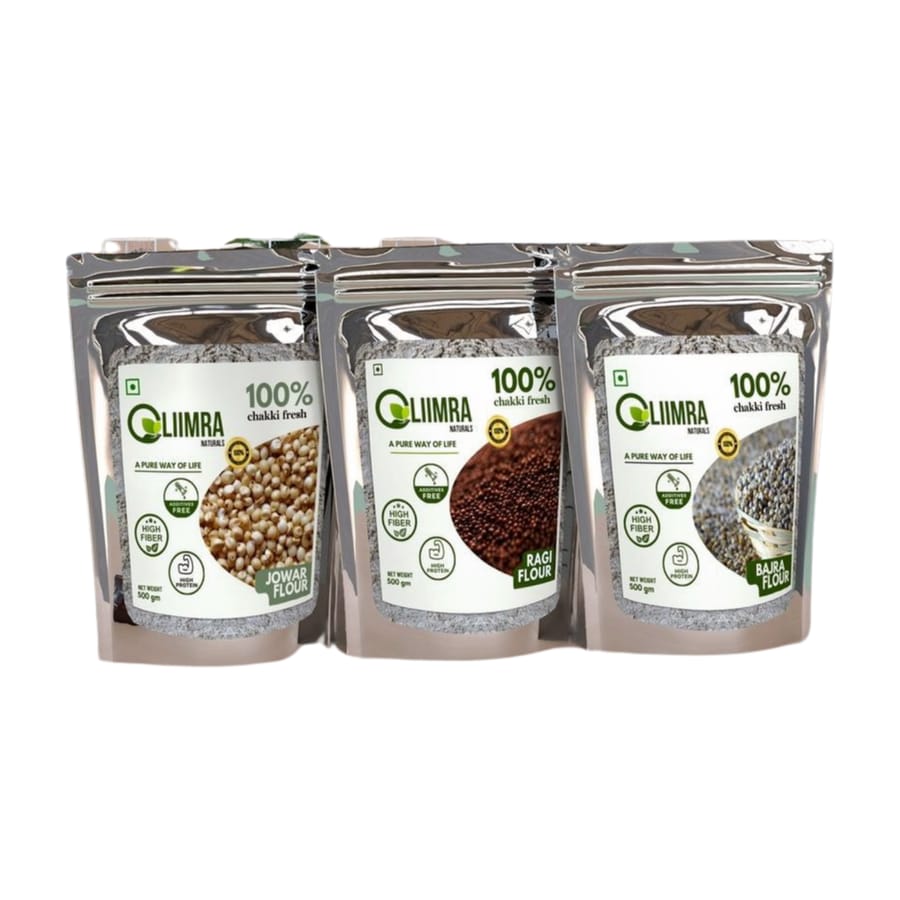 Liimra Naturals Millet Combo Flour - Jowar, Bajra, Ragi High Fiber, Protein-Packed, Low GI, Gluten-Free Carbohydrate Replacement, 100% Chakki Fresh Flour (250 X 3 Gram) - 750 gm