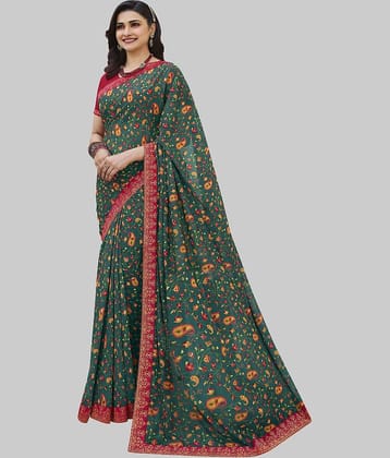 Gazal Fashions Chiffon Printed Saree With Unstitched Blouse Piece ( Green )