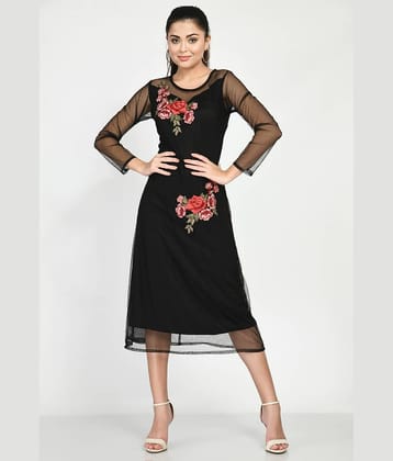 Lihana Women Net Printed A-line Dress ( Black )