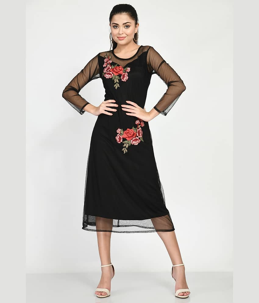 Lihana Women Net Printed A-line Dress ( Black )