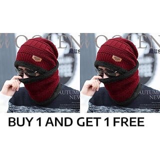Fashlook Woolen Maroon Casual Winter Cap (Pack of 2)