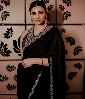 Elegant Black Satin Silk Sequence Work Saree with Unstitched Blouse Piece  by SHIV TEXTILES Elegant Black Satin Silk Sequence Work Saree with Unstitched Blouse Piece  by SHIV TEXTILES