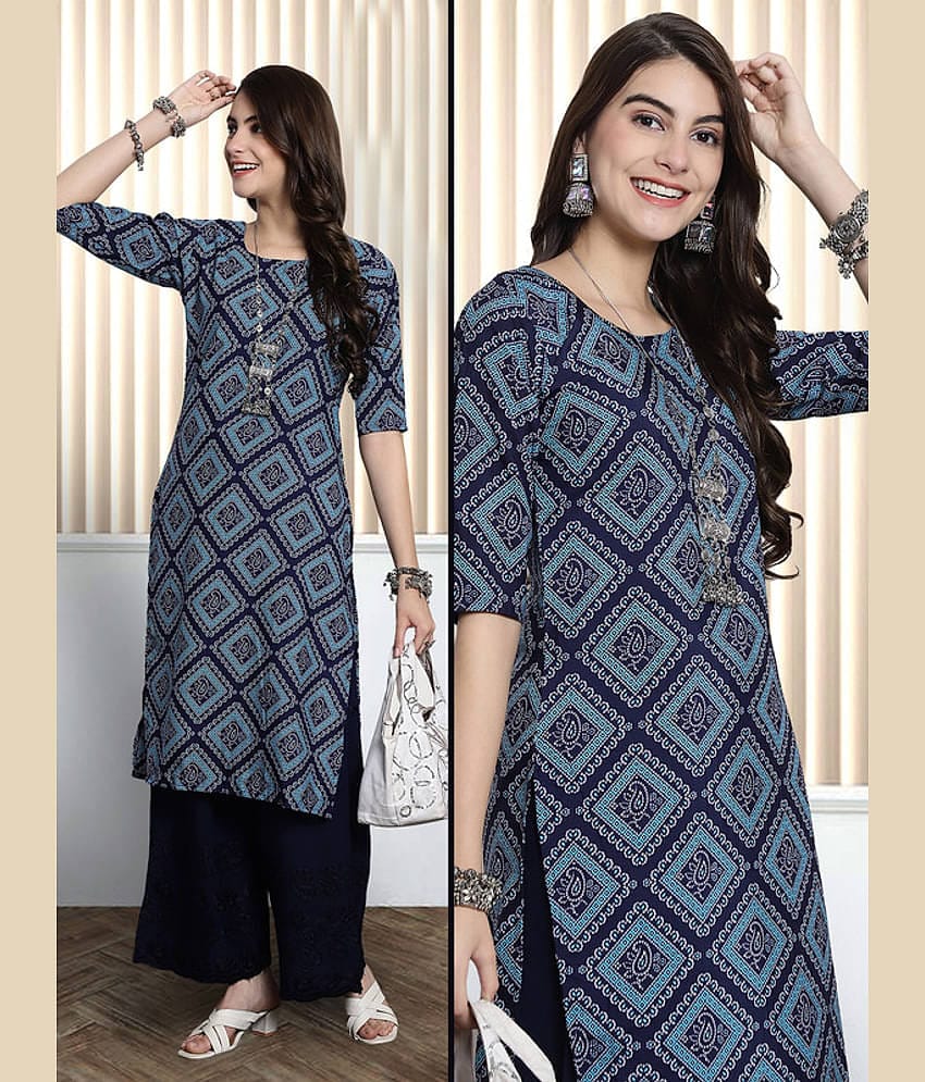 Ethnic Basket Pack of 1 Crepe Printed Nayra Women's Kurti - ( Navy )