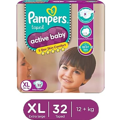Pampers Active Baby Diapers - Extra Large, 12+ kg, Soft Stretch Waist & Sides, Up to 12 Hours Absorption, 32 pcs